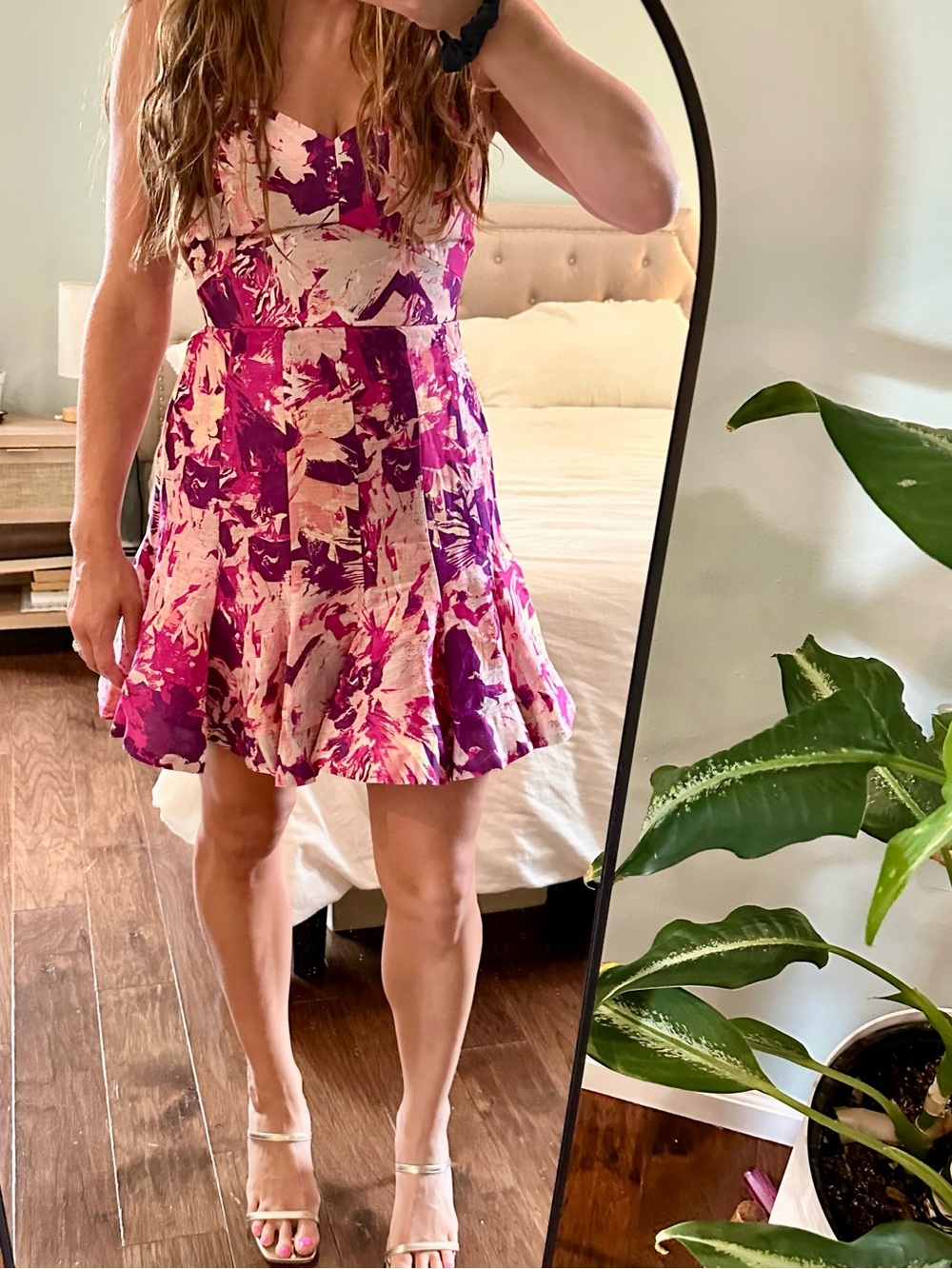 NWT Club Monaco Fluted Hem Mini Dress | Size 4 | Linen Silk | Aster Pink Floral